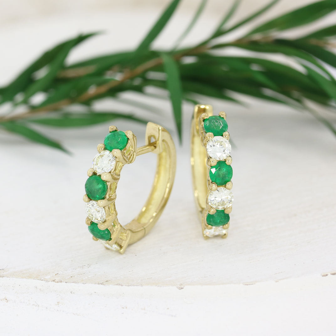 9ct Yellow Gold Emerald & Diamond Claw Set Hoop Earrings