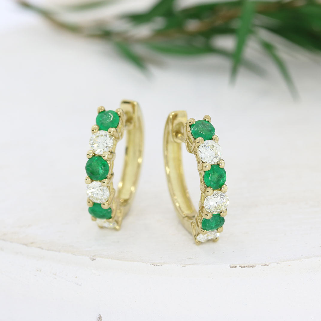 9ct Yellow Gold Emerald & Diamond Claw Set Hoop Earrings