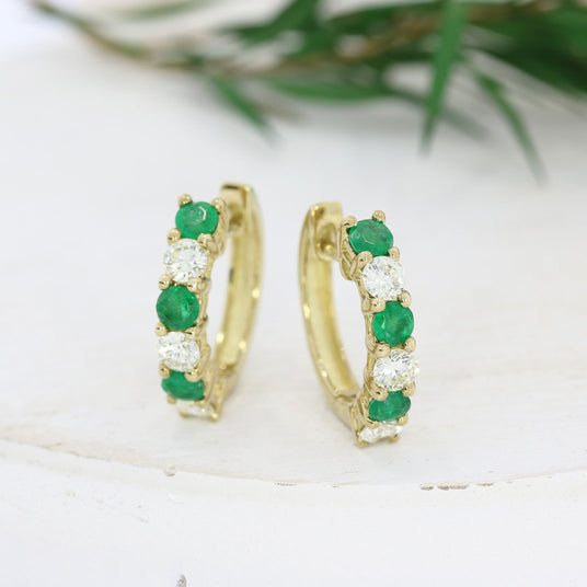 9ct Yellow Gold Emerald & Diamond Claw Set Hoop Earrings
