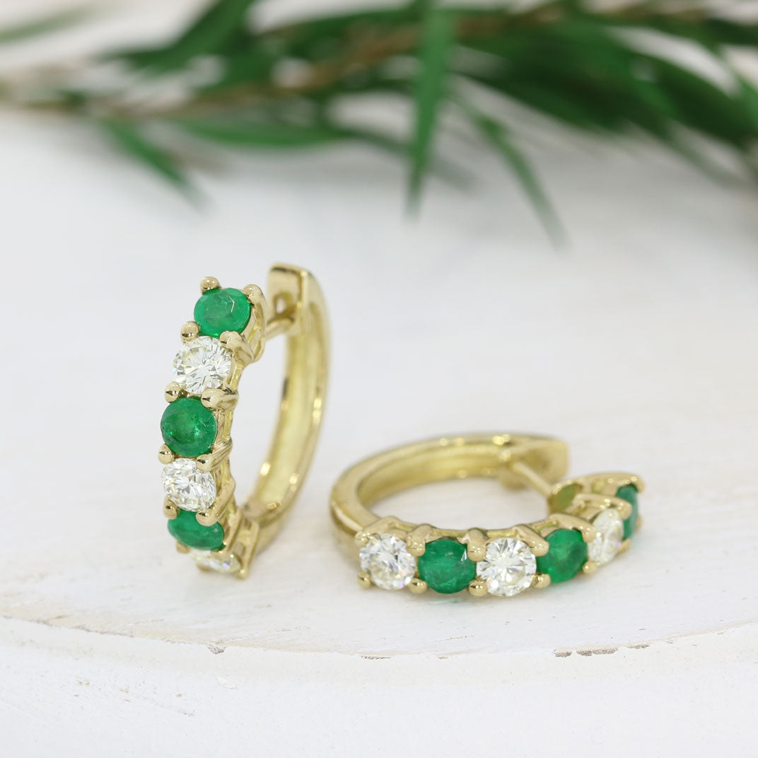 9ct Yellow Gold Emerald & Diamond Claw Set Hoop Earrings