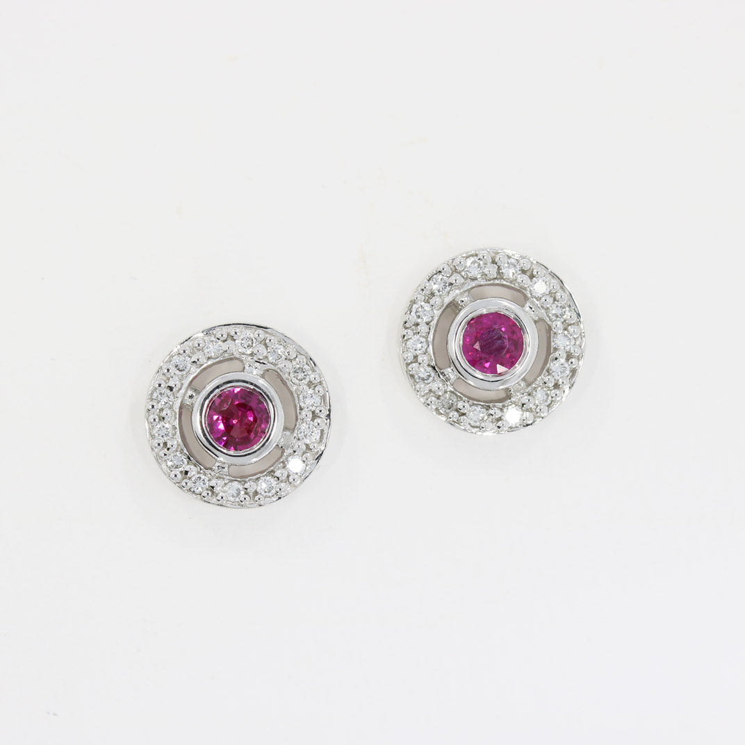 9ct White gold Ruby Stud Earrings with Diamond Halo Surround