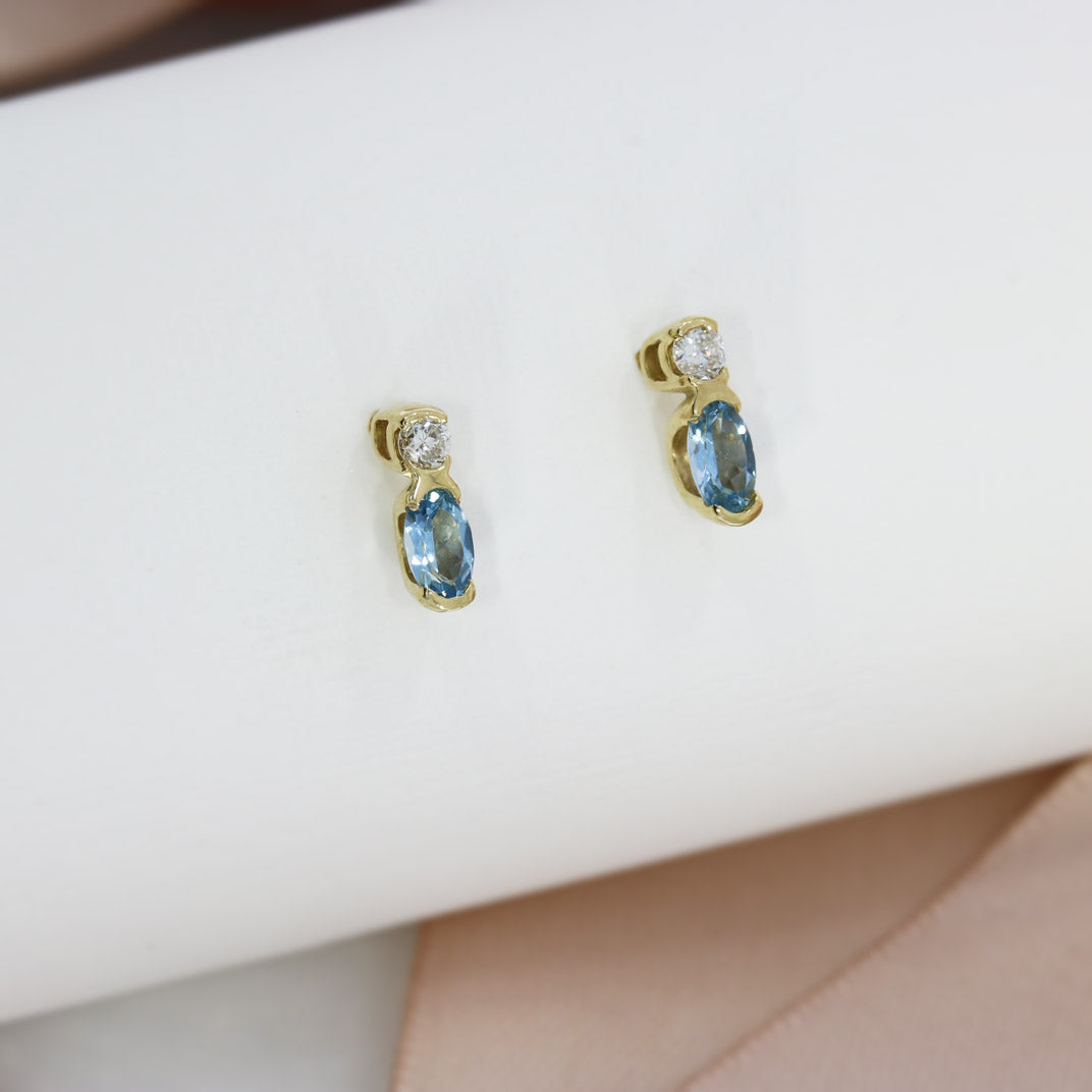 9ct Yellow Gold Aquamarine 7 Diamond Stud Earrings