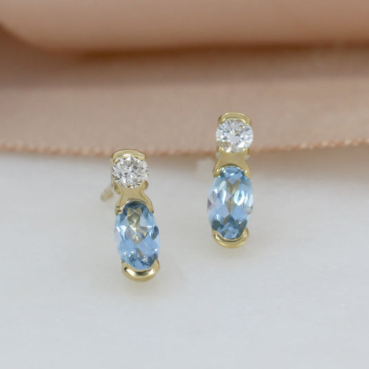 9ct Yellow Gold Aquamarine 7 Diamond Stud Earrings