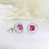 18ct White Gold Ruby & Diamond Halo Cluster Earrings.