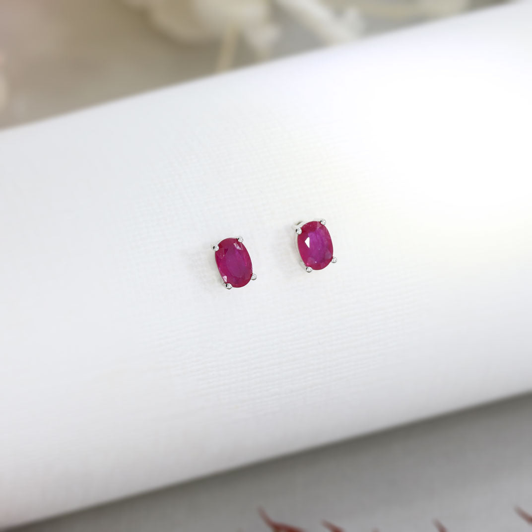 9ct White Gold 4 Claw Set Oval Ruby Stud Earrings