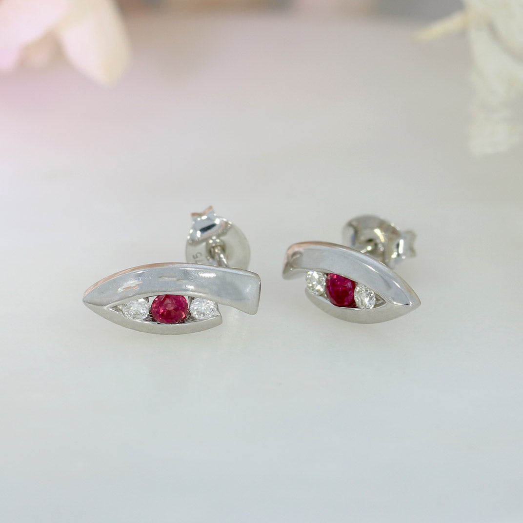 9ct White Gold Stud Earrings With Trap Set Ruby & Diamonds