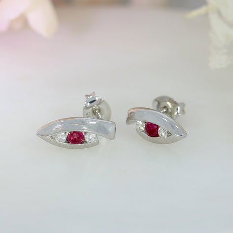 9ct White Gold Stud Earrings With Trap Set Ruby & Diamonds