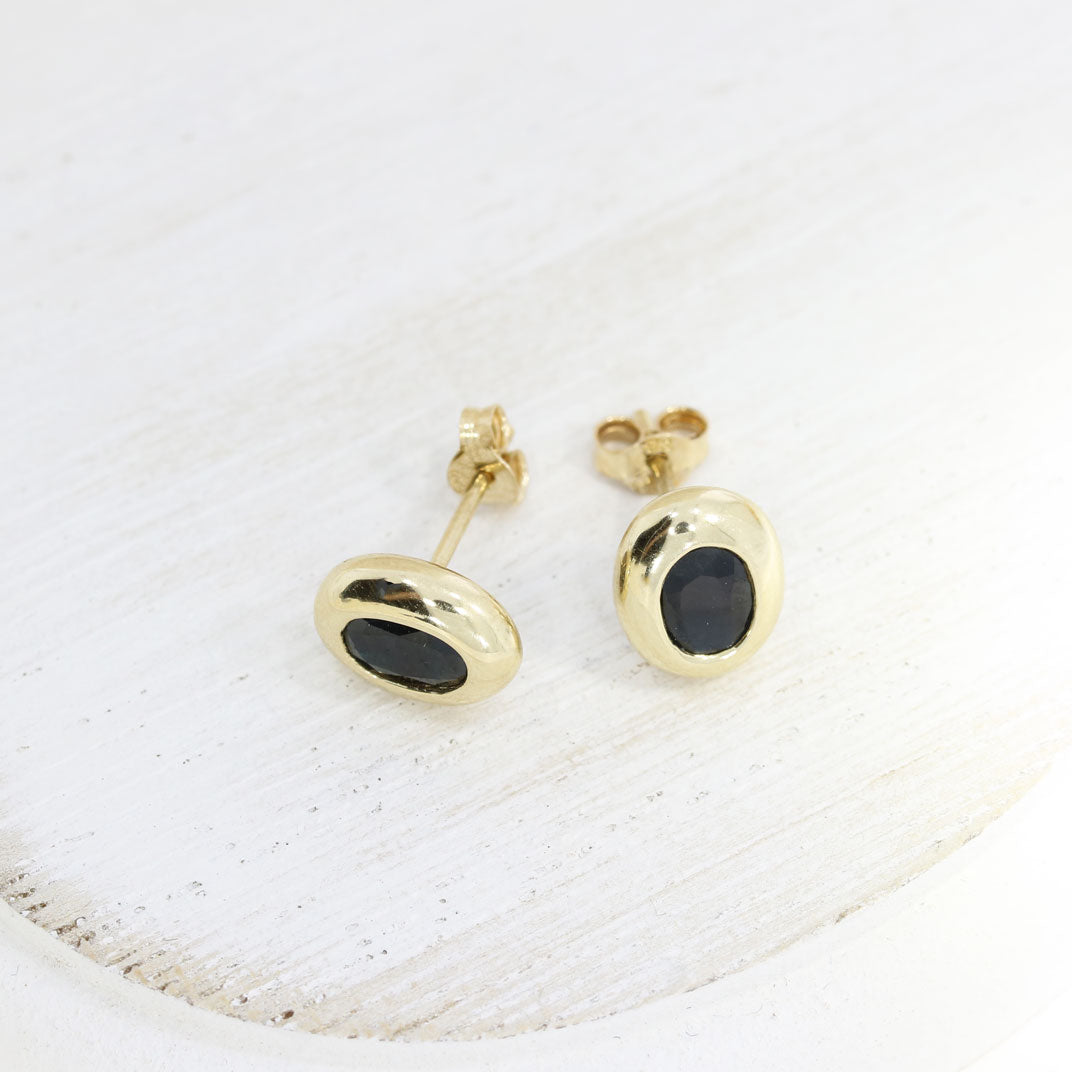 9ct Yellow Gold Rubover Set Oval Sapphire Stud Earrings