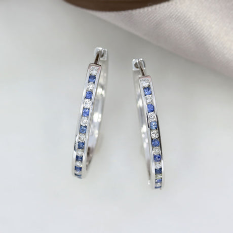 9ct White Gold Larger Size Sapphire & Diamond Hoops