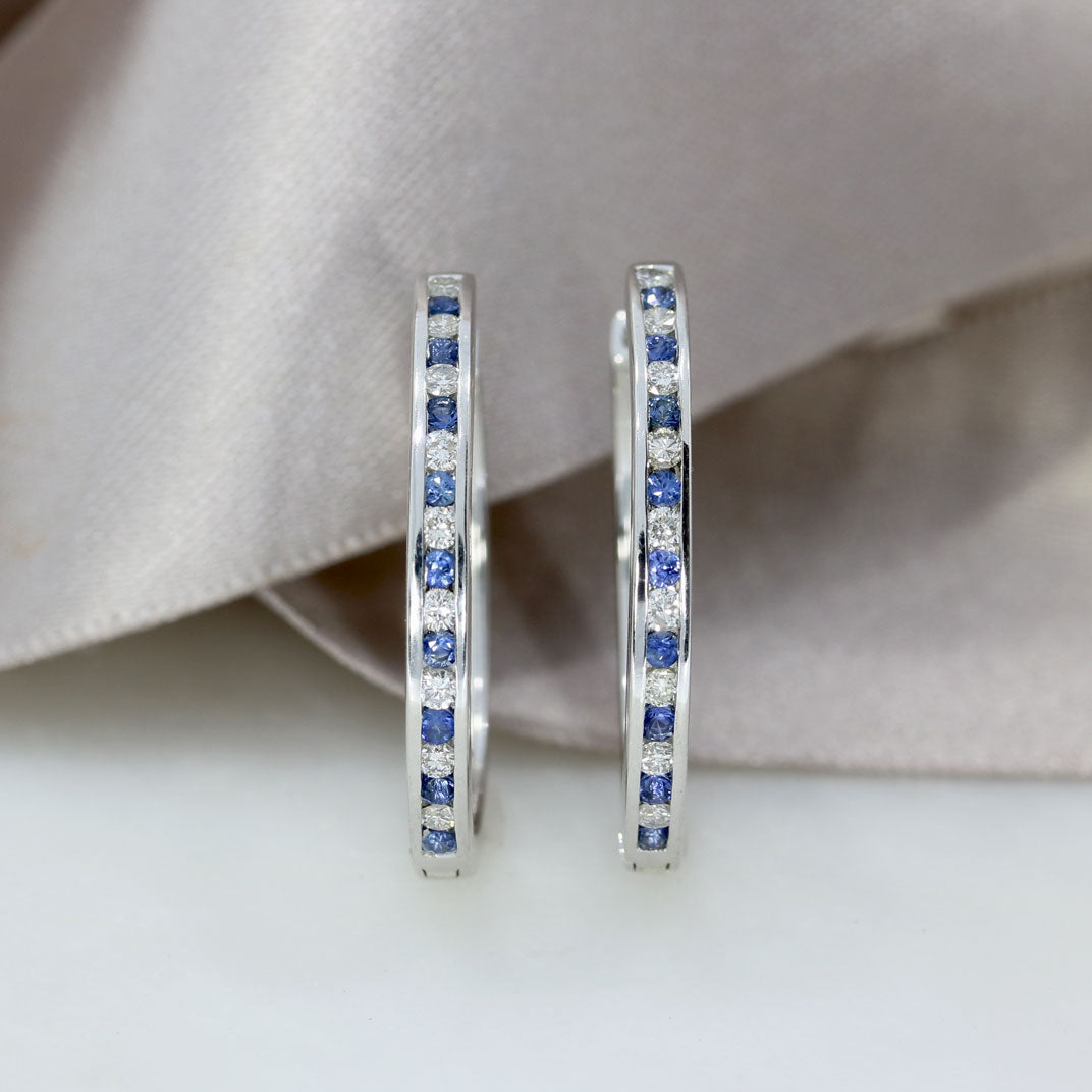 9ct White Gold Larger Size Sapphire & Diamond Hoops