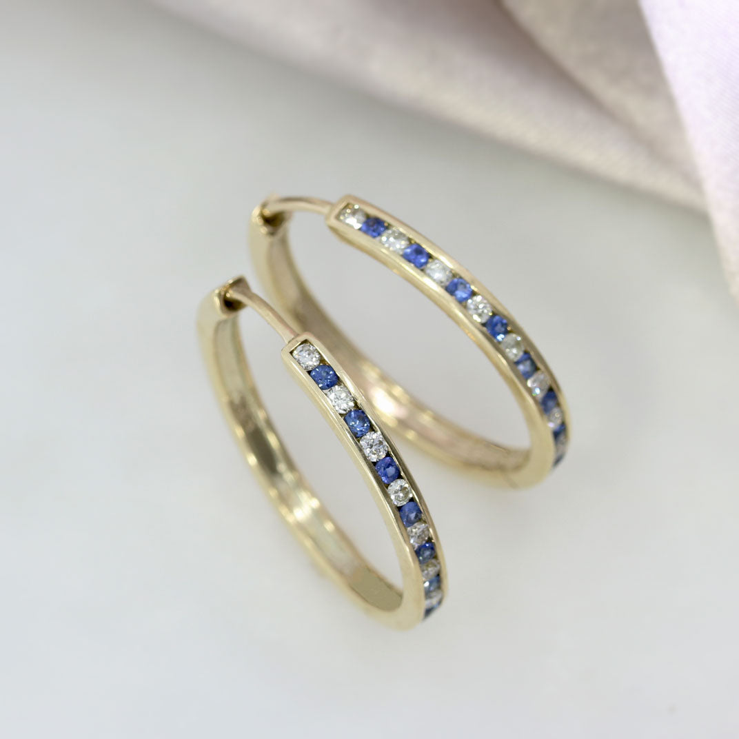 9ct Yellow Gold Larger Size Hoop Earrings with Channel Set Sapphire & Diamonds