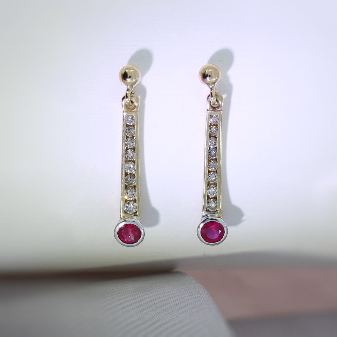 9ct Yellow Gold Long Drop Ruby & Diamond Earrings 0.62ct