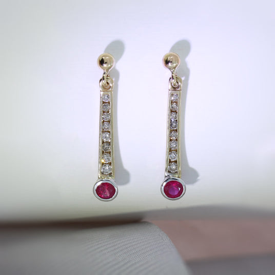 9ct Yellow Gold Long Drop Ruby & Diamond Earrings 0.62ct