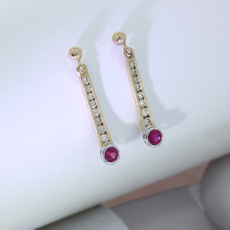 9ct Yellow Gold Long Drop Ruby & Diamond Earrings 0.62ct