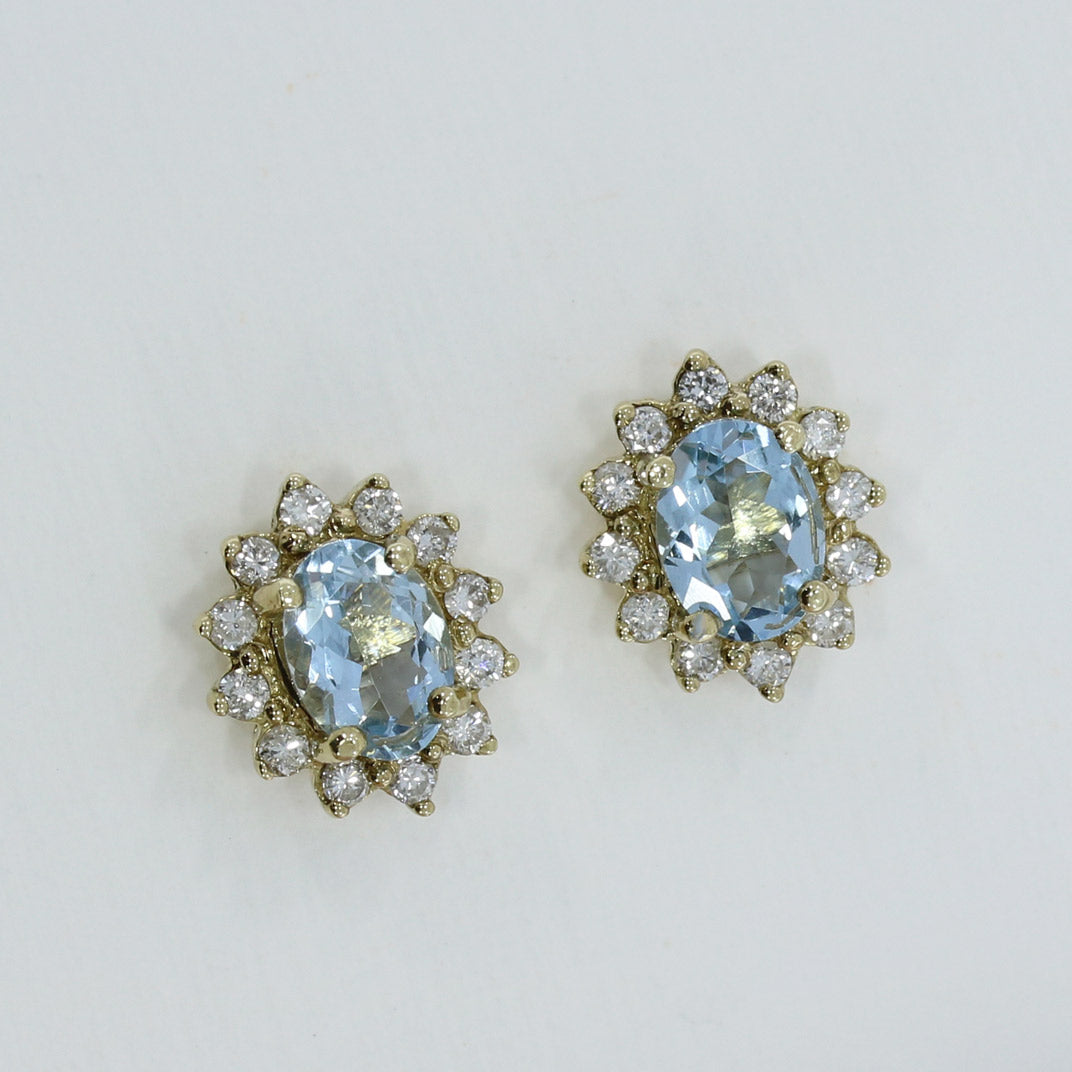 9ct Yellow Gold Oval Aquamarine and Diamond Cluster Earrings