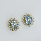 9ct Yellow Gold Oval Aquamarine and Diamond Cluster Earrings