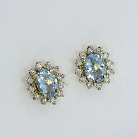 9ct Yellow Gold Oval Aquamarine and Diamond Cluster Earrings