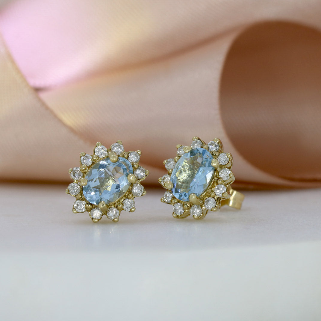 9ct Yellow Gold Oval Aquamarine and Diamond Cluster Earrings