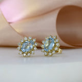 9ct Yellow Gold Oval Aquamarine and Diamond Cluster Earrings