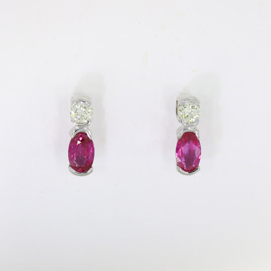 9ct White Gold Oval Ruby & Round Diamond Trap Set Stud Earrings