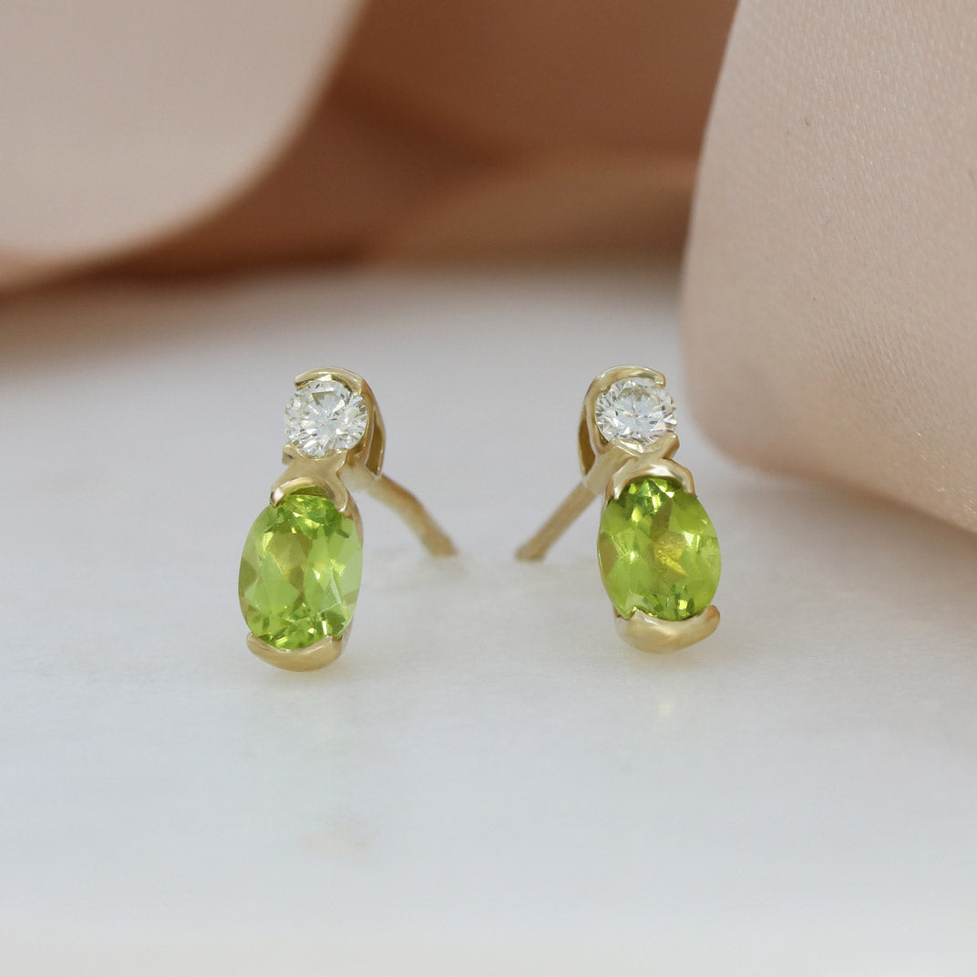 9ct Yellow Gold Oval Peridot & Diamond Earrings