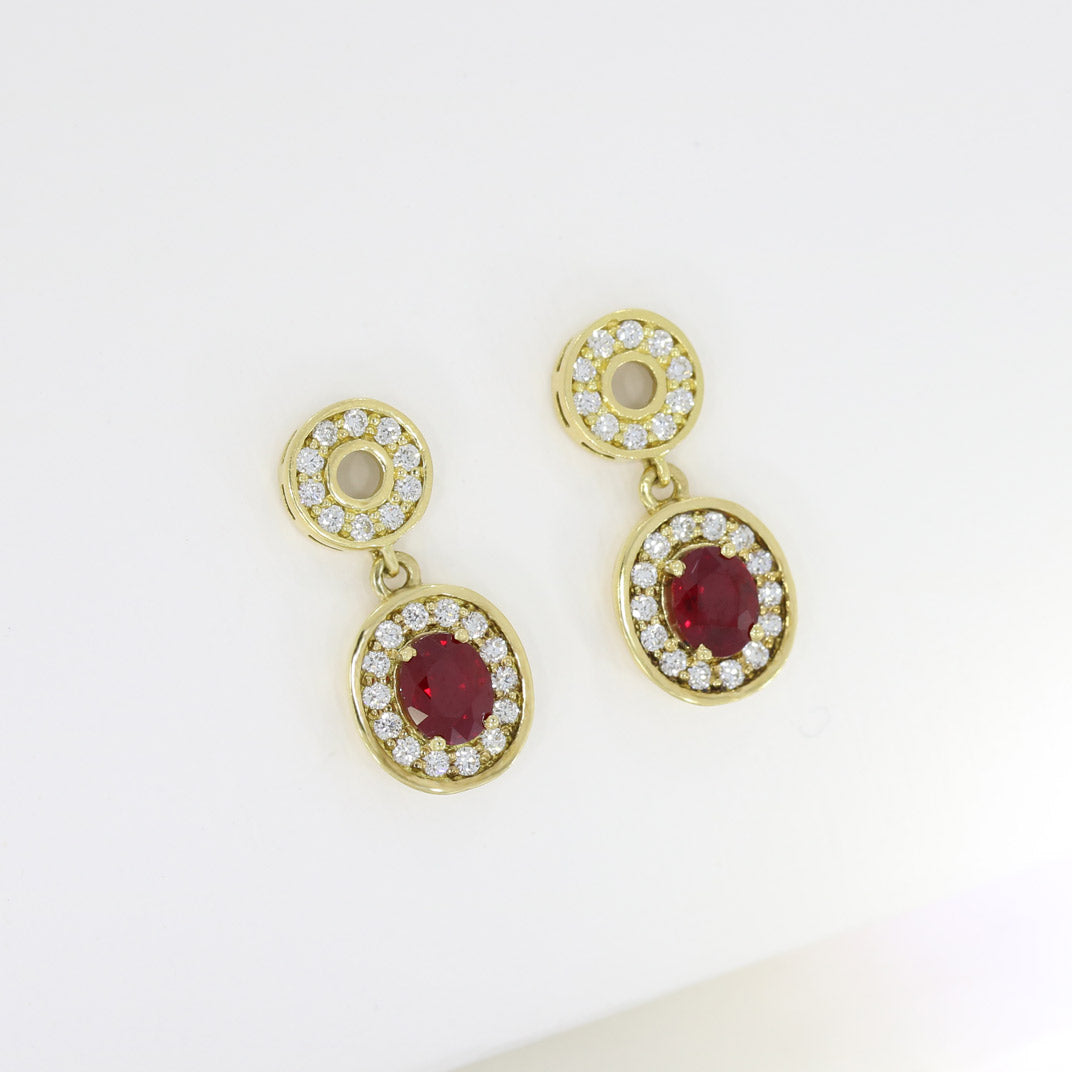 18ct Yellow Gold Oval Ruby & Diamond Double Halo Drop Earrings
