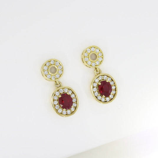 18ct Yellow Gold Oval Ruby & Diamond Double Halo Drop Earrings