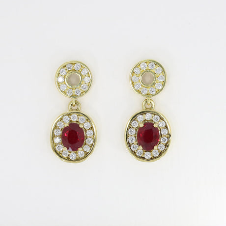 18ct Yellow Gold Oval Ruby & Diamond Double Halo Drop Earrings