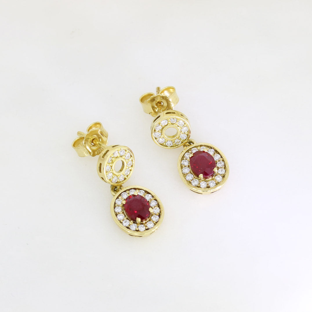 18ct Yellow Gold Oval Ruby & Diamond Double Halo Drop Earrings