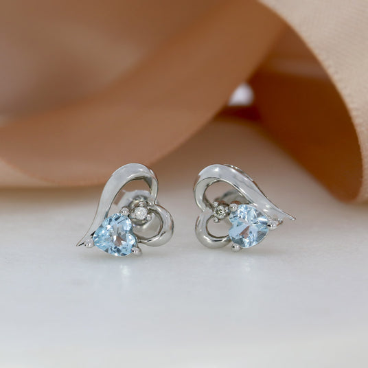 9ct White Gold Heart Shaped Earrings with Blue Topaz and Diamond