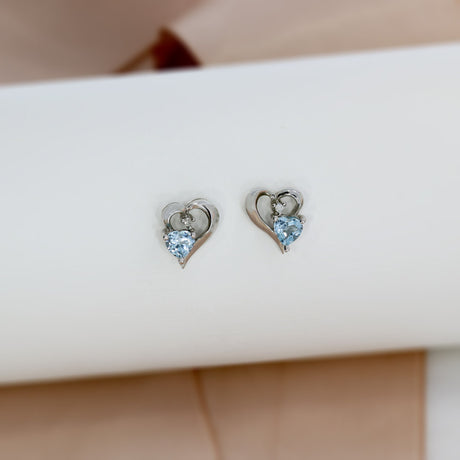9ct White Gold Heart Shaped Earrings with Blue Topaz and Diamond