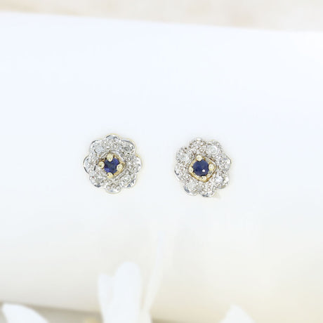 9ct Yellow Gold Flower Sapphire & Diamond Cluster Earrings