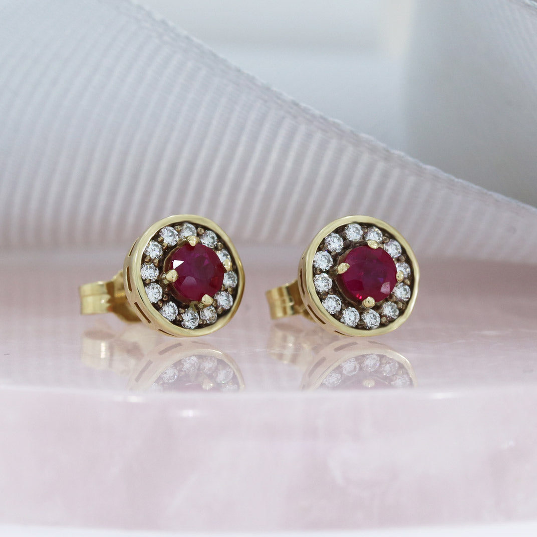 9ct Yellow Gold Ruby & Diamond Halo Stud Earrings