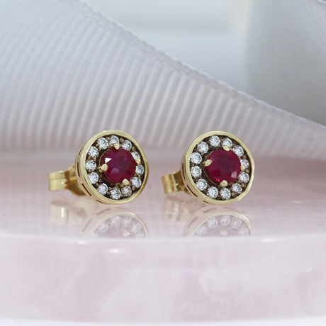 9ct Yellow Gold Ruby & Diamond Halo Stud Earrings