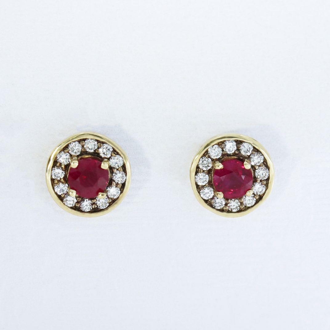 9ct Yellow Gold Ruby & Diamond Halo Stud Earrings