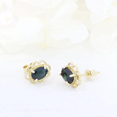 9ct Yellow Gold Sapphire Earrings In Flower Surround