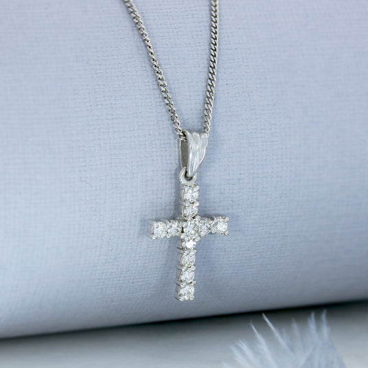 18ct White Gold Diamond Set Cross on a 9ct 18inch White Gold Curb Chain 0.64ct
