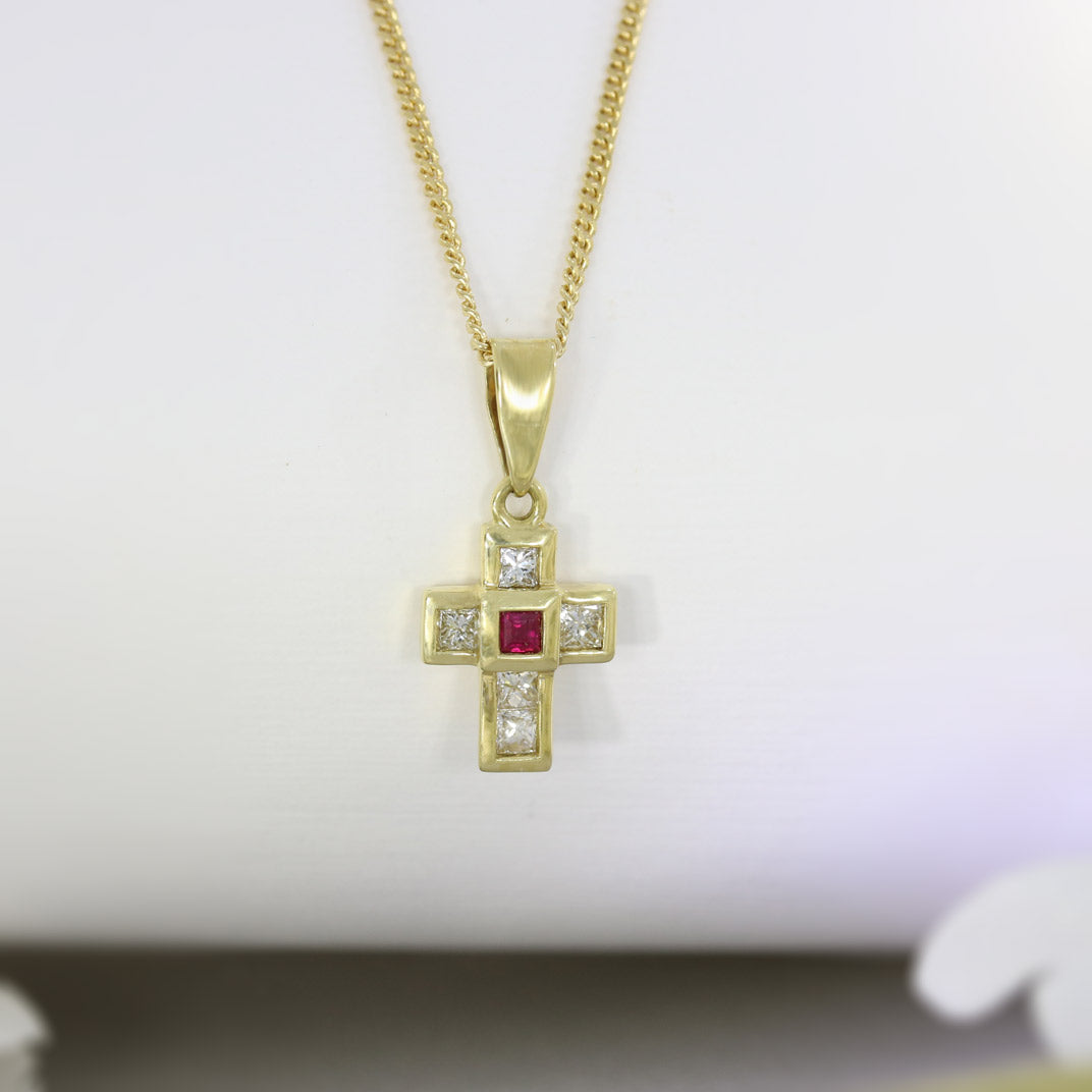 18ct Yellow Gold Ruby & Princess Cut Diamond Cross on a 16inch 18ct Yellow Gold Chain