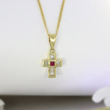 18ct Yellow Gold Ruby & Princess Cut Diamond Cross on a 16inch 18ct Yellow Gold Chain