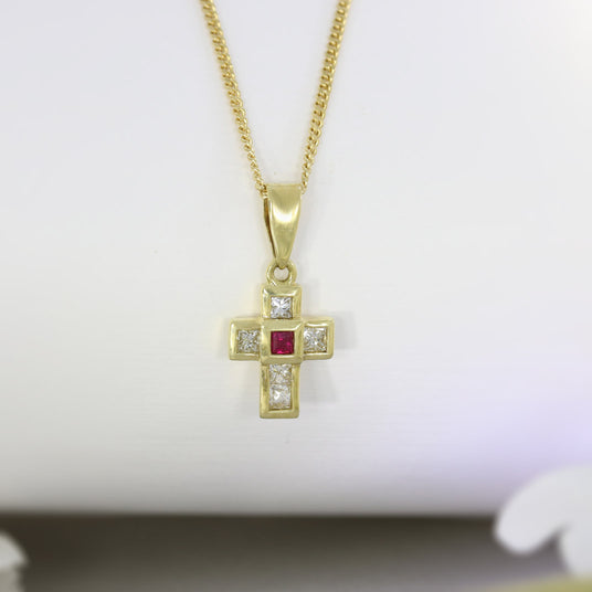 18ct Yellow Gold Ruby & Princess Cut Diamond Cross on a 16inch 18ct Yellow Gold Chain