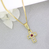 18ct Yellow Gold Ruby & Princess Cut Diamond Cross on a 16inch 18ct Yellow Gold Chain