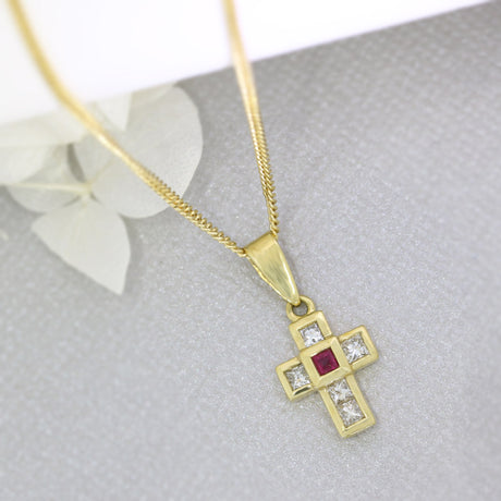 18ct Yellow Gold Ruby & Diamond Cross on a 16" 18ct Gold Chain
