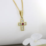 18ct Yellow Gold Ruby & Princess Cut Diamond Cross on a 16inch 18ct Yellow Gold Chain