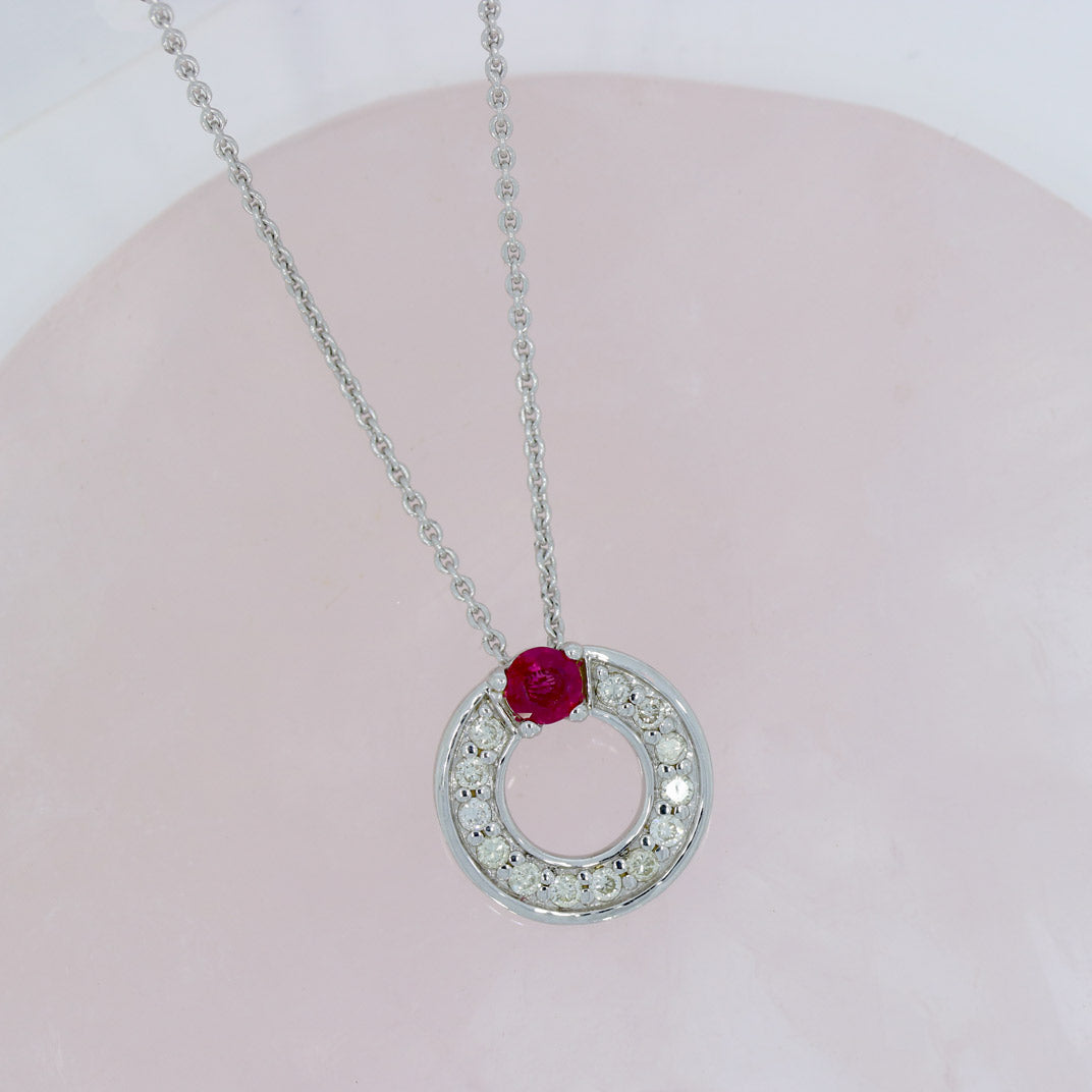 9ct White Gold Ruby & Diamond Open Circle Pendant on an 18inch White Gold Chain