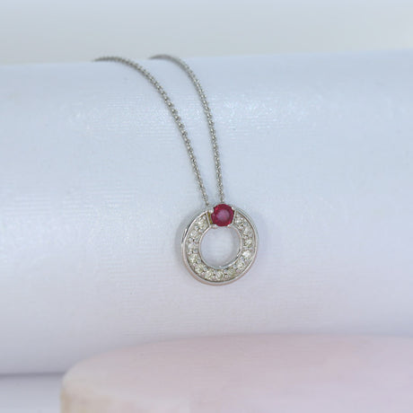 9ct White Gold Ruby & Diamond Open Circle Pendant on an 18inch White Gold Chain