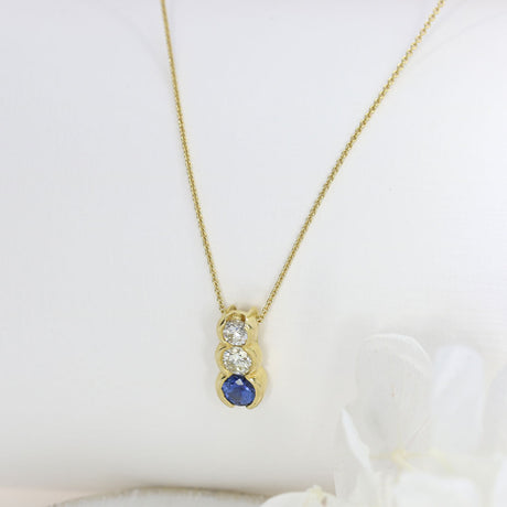 18ct Gold Sapphire & Diamond 3 Stone Pendent On an 18ct Gold 18" Chain