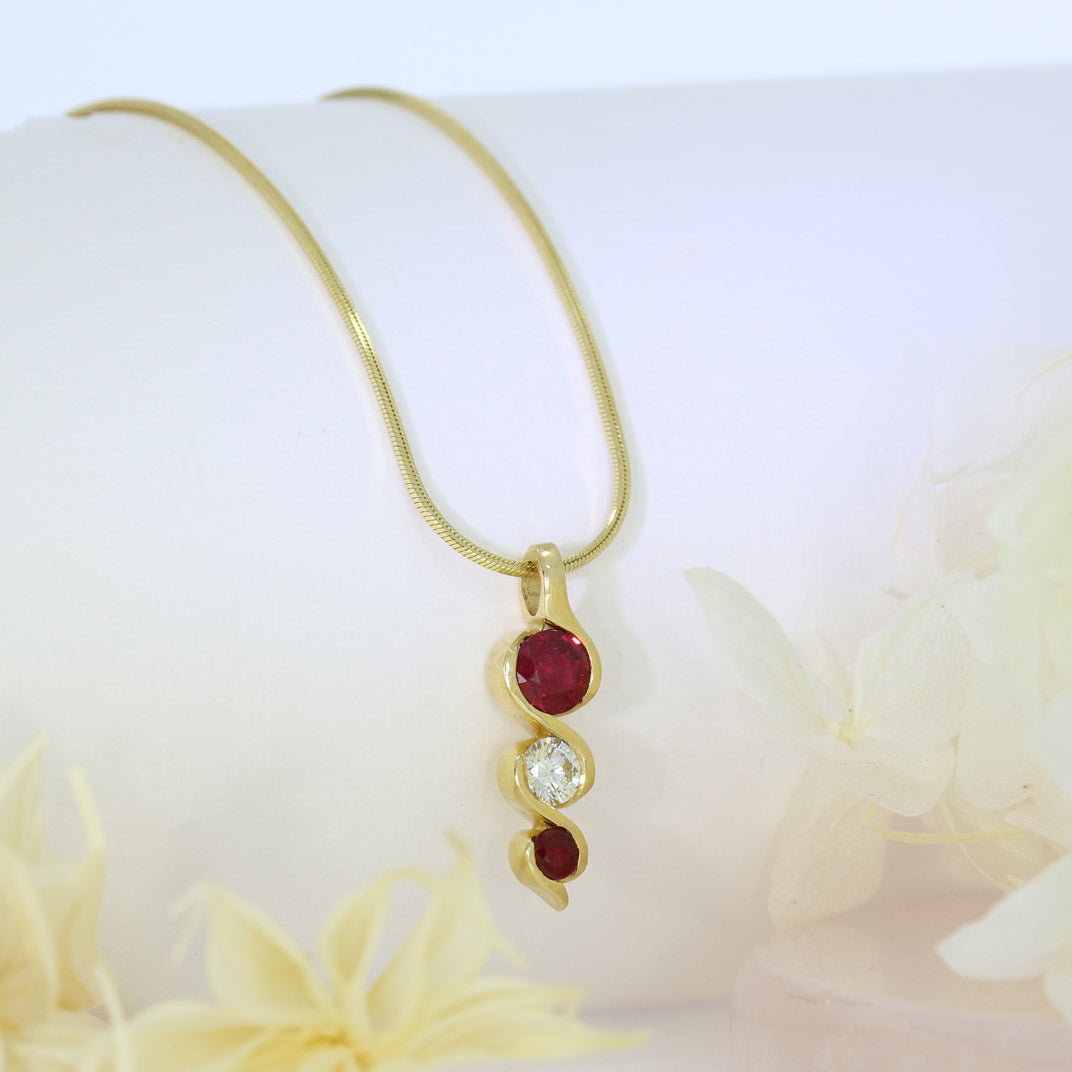 18ct Yellow Gold Ruby & Diamond Drop Pendant 16" 9ct Chain