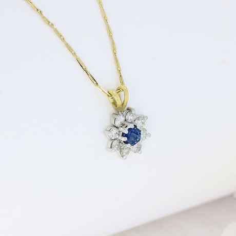 18ct Yellow & White Gold Sapphire & Diamond Flower Cluster Pendant & 18ct Chain