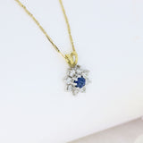 18ct Yellow & White Gold Sapphire & Diamond Flower Cluster Pendant & 18ct Chain