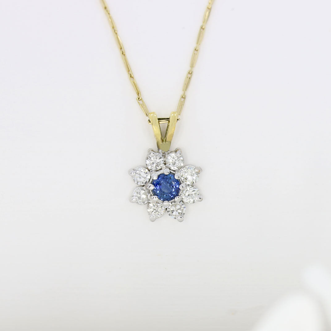 18ct Yellow & White Gold Sapphire & Diamond Flower Cluster Pendant & 18ct Chain
